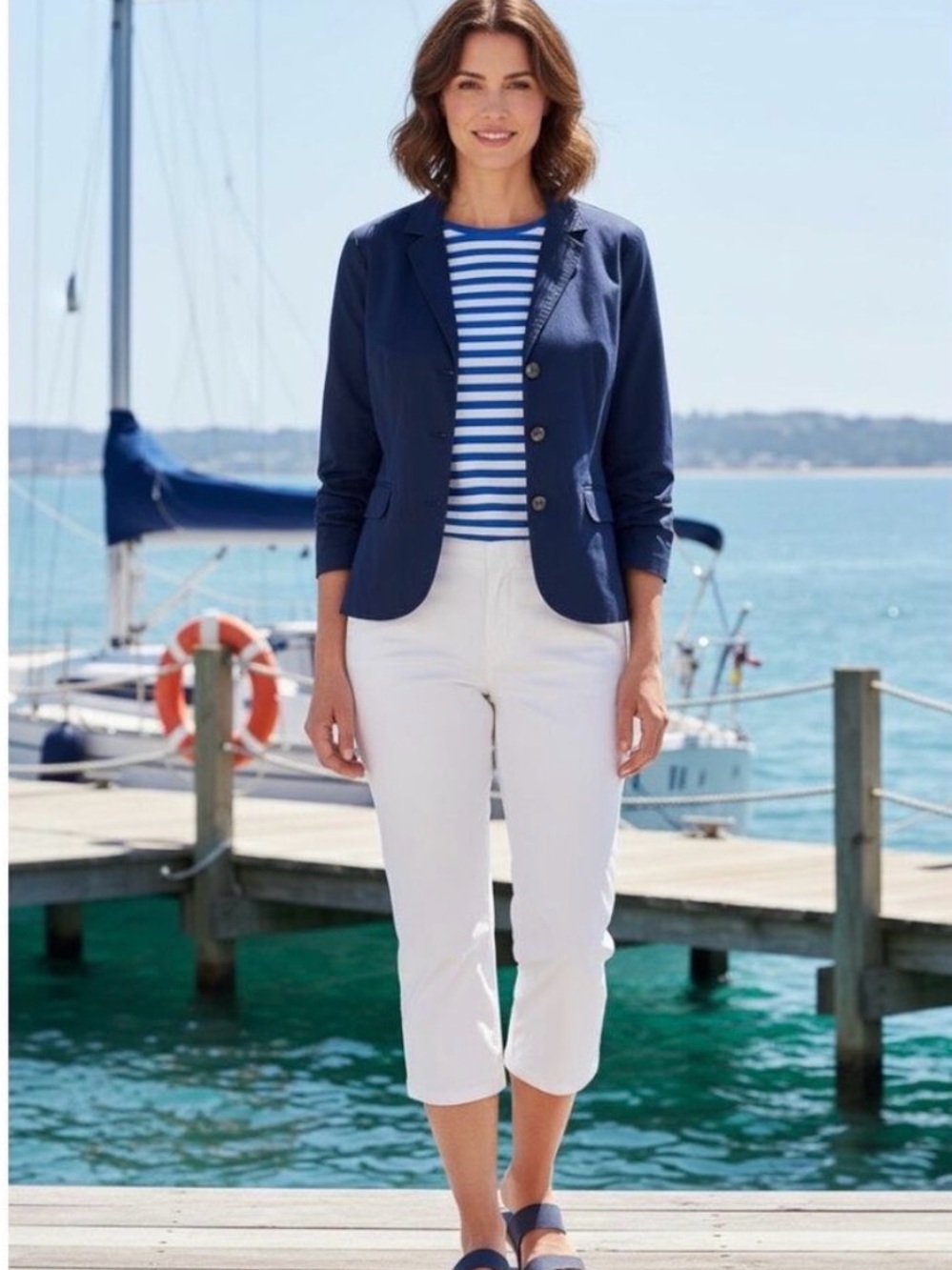 LL Bean Women's Navy Blue Blazer Jacket Cotton Preppy Stretch Spring Summer Sz M